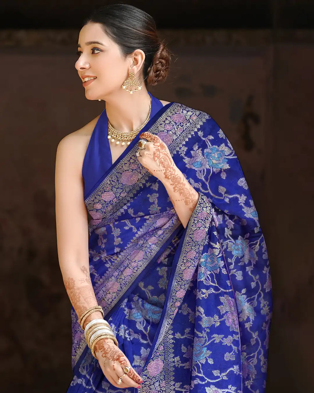 Navy Blue Floral Meenakari Pure Banarasi Saree