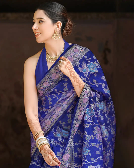 Navy Blue Floral Meenakari Pure Banarasi Saree