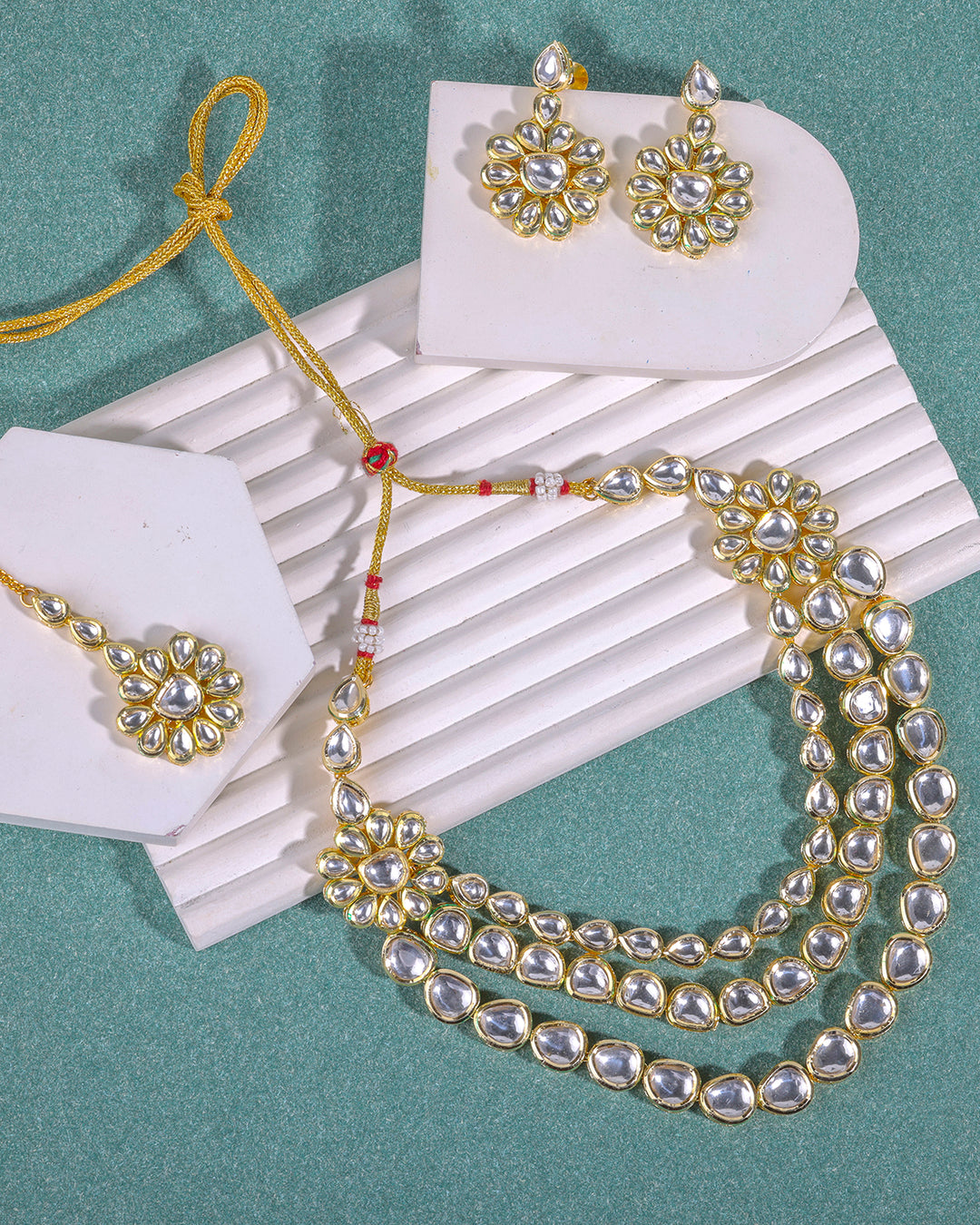 Gold Tone KundanThree Layer Necklace Set