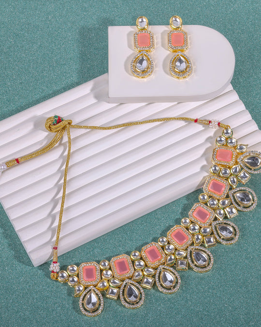 Peach Tone Kundan Studded Necklace Set