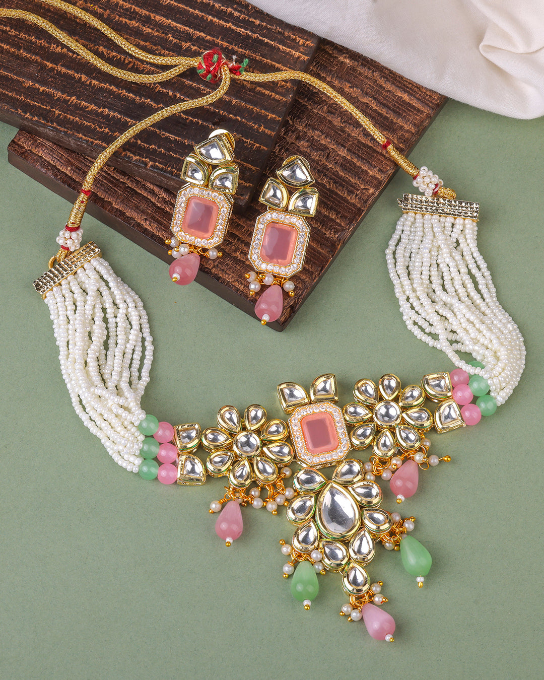 Multi-colored Kundan Studded & Pearl Beaded Chocker Set