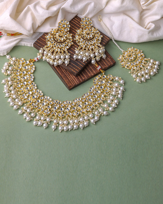 Gold Plated & Pearl Beaded Kundan Necklace Set