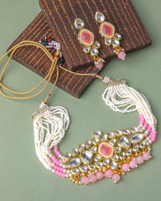 Pink Tone Kundan Studded & Peard Beaded Necklace Set