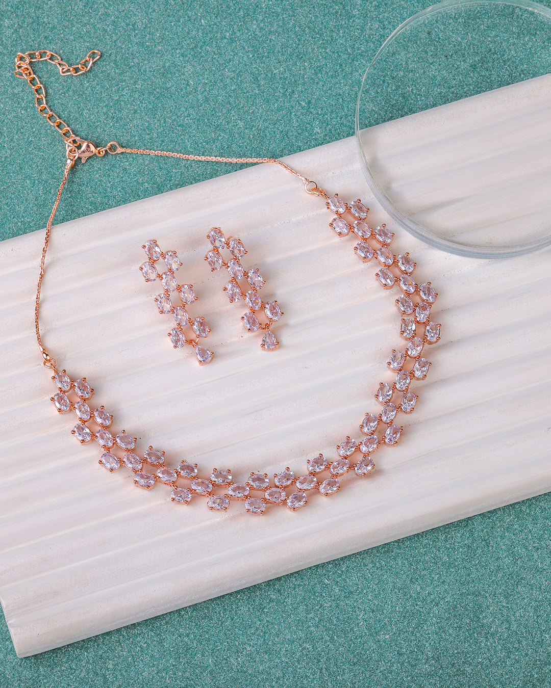 Rose Gold White AD Studded Necklace Set