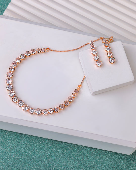 Rose Gold Round Shaped AD Studded Necklace Set