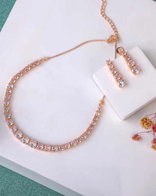 Rose Gold Square Shaped AD Studded Necklace Set