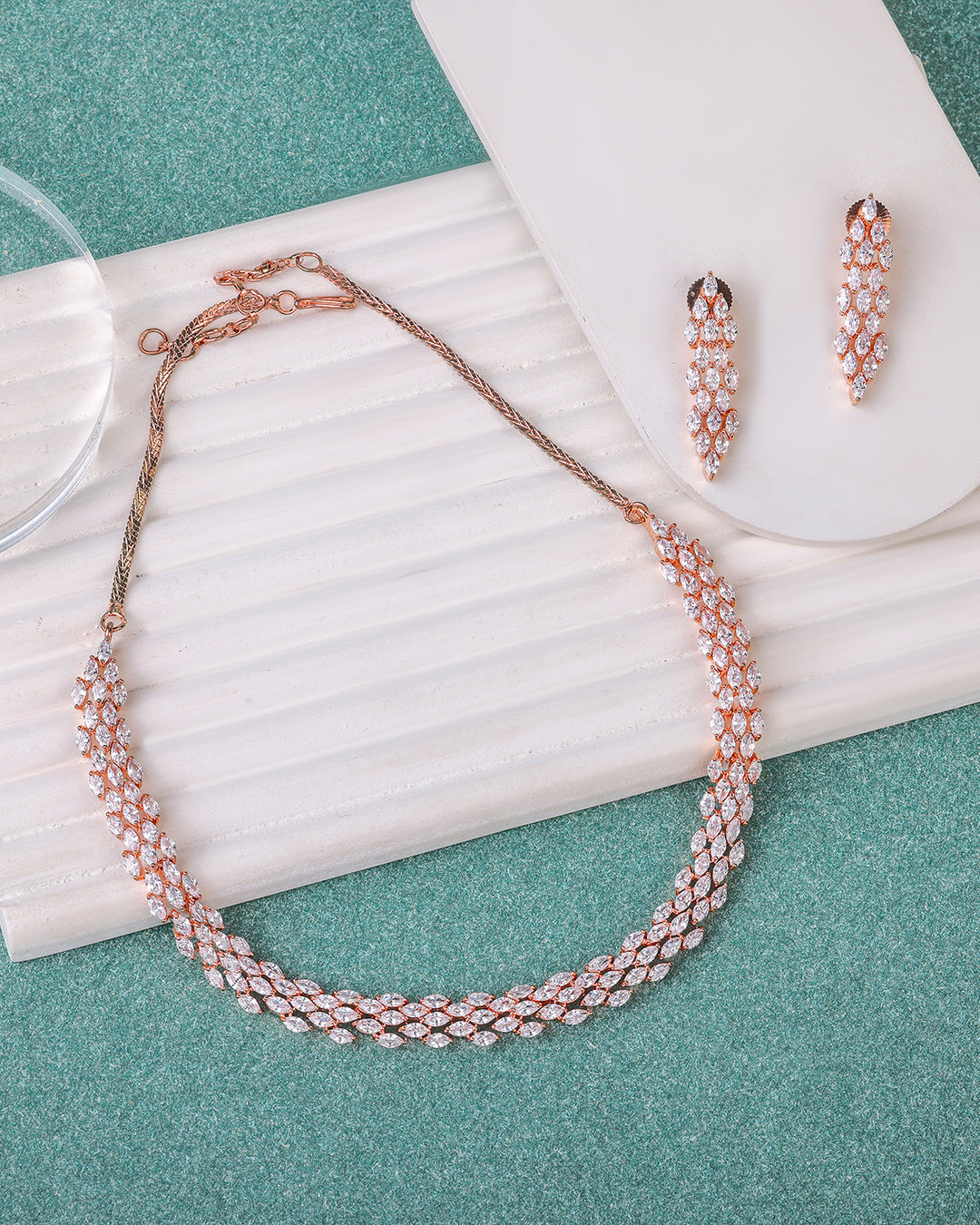 Rose Gold Leaf Shaped AD Studded Necklace Set