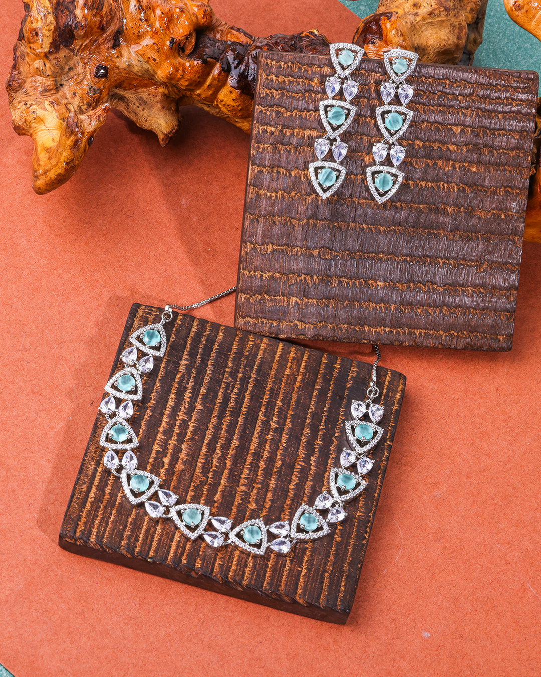 Sea Green & White AD Studded Necklace Set