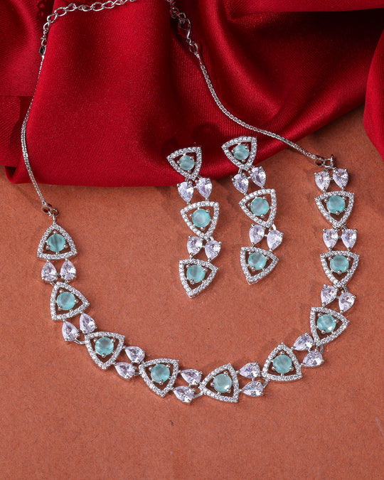 Sea Green & White AD Studded Necklace Set