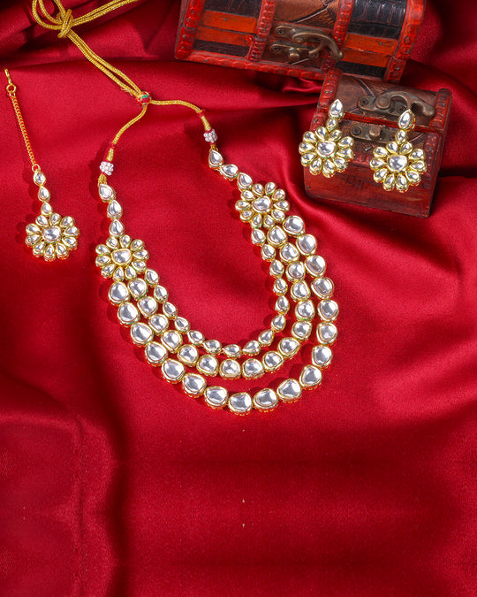 Gold Tone KundanThree Layer Necklace Set