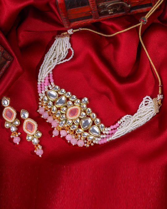 Pink Tone Kundan Studded & Peard Beaded Necklace Set