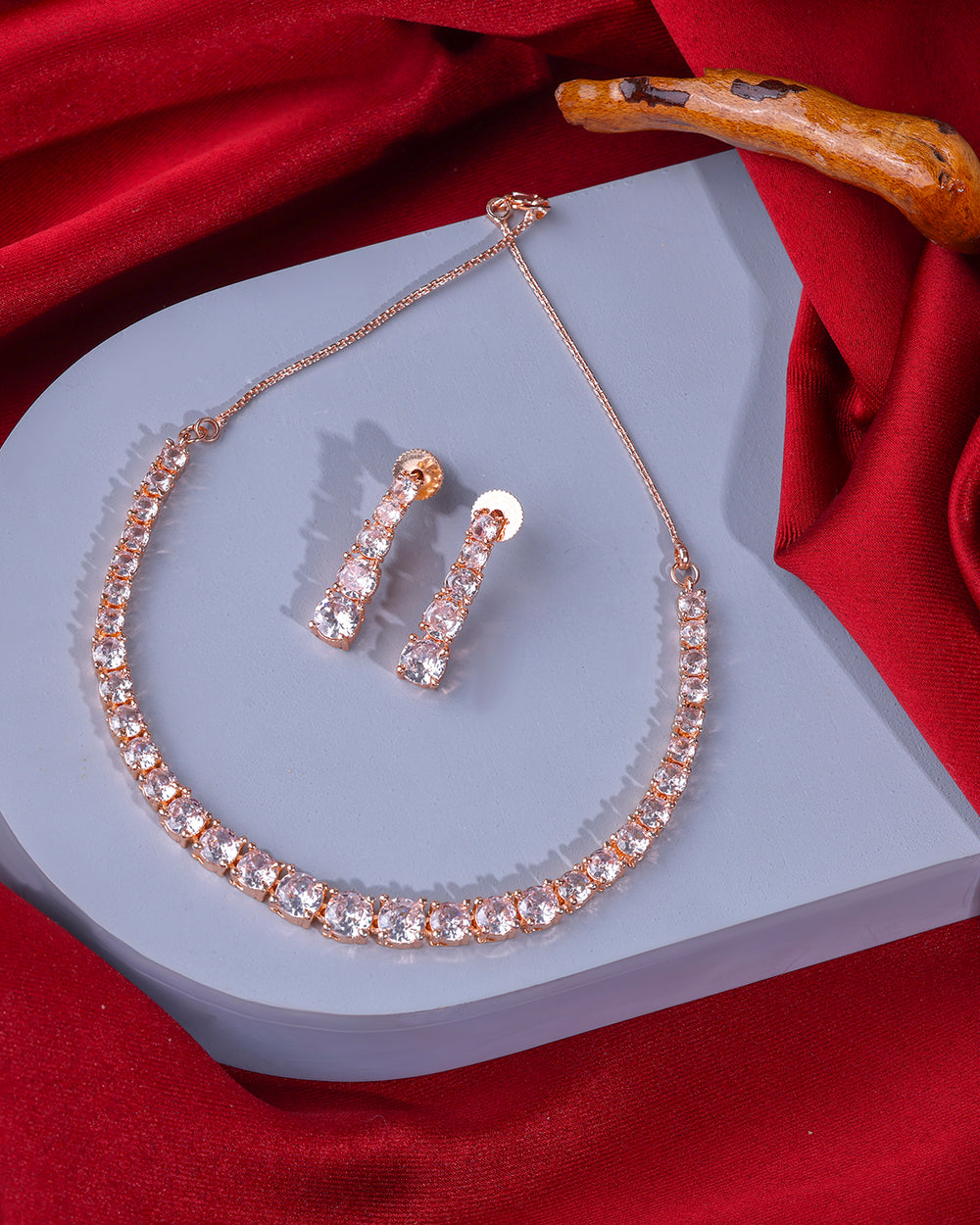 Rose Gold Square Shaped AD Studded Necklace Set