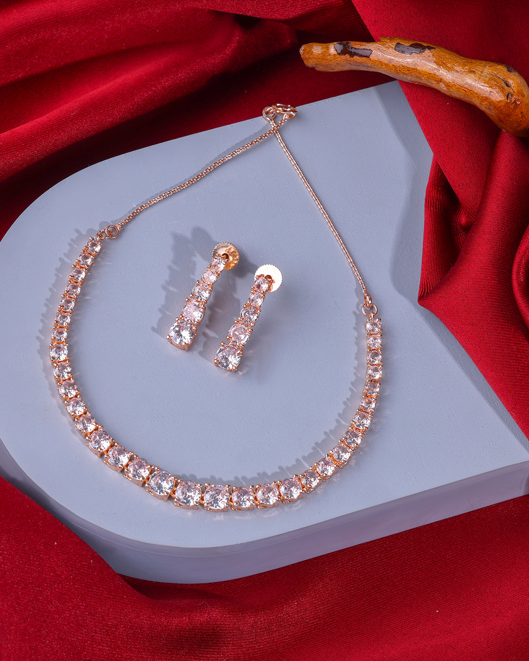 Rose Gold Square Shaped AD Studded Necklace Set