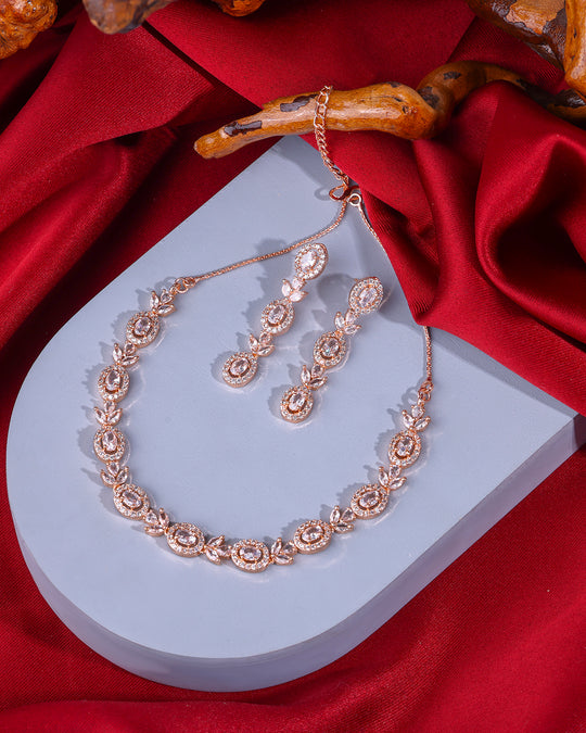 Rose Gold Oval Shaped AD Studded Necklace Set