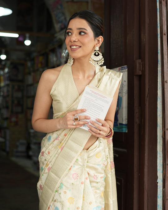 Ivory Meenakari Pure Banarasi Silk Saree