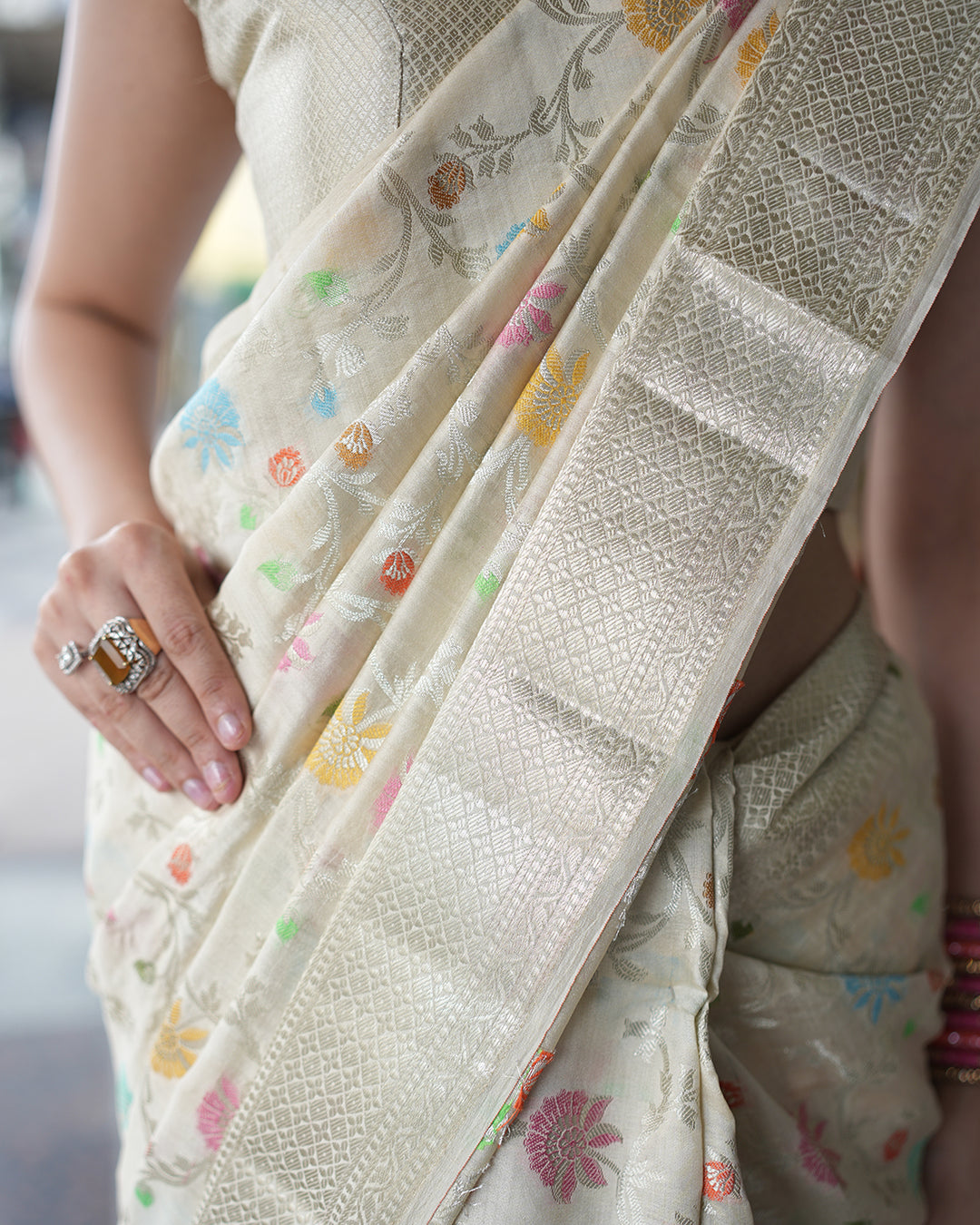 Ivory Meenakari Pure Banarasi Silk Saree