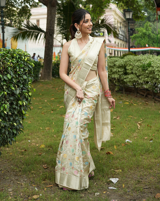 Ivory Meenakari Pure Banarasi Silk Saree