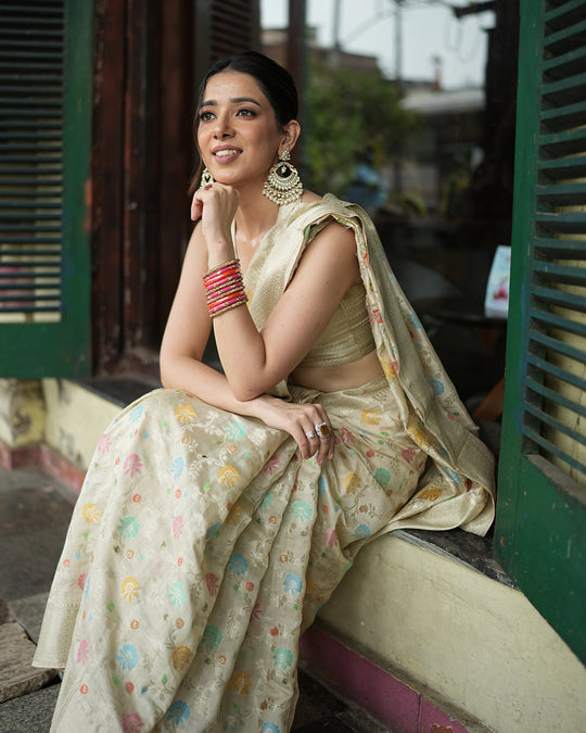 Ivory Meenakari Pure Banarasi Silk Saree