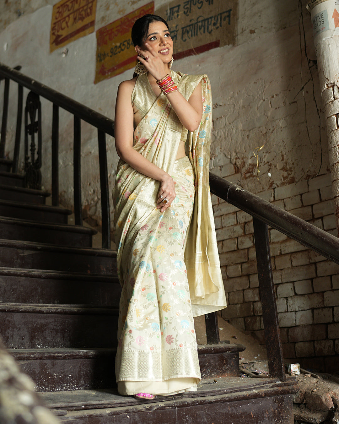 Ivory Meenakari Pure Banarasi Silk Saree