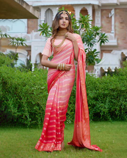 Peach Gleam Pure Chiffon Saree with Stripes Zari Woven Highlights