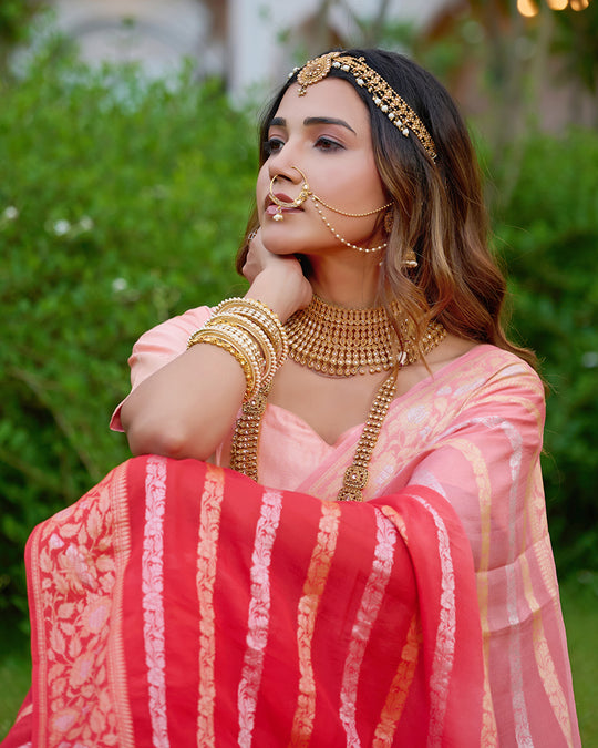 Peach Gleam Pure Chiffon Saree with Stripes Zari Woven Highlights