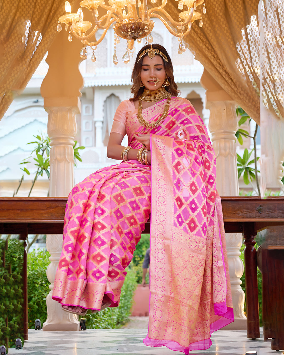 Rosy Radiance Rangkat Pure Chiffon Saree with Golden Lattice Weaves