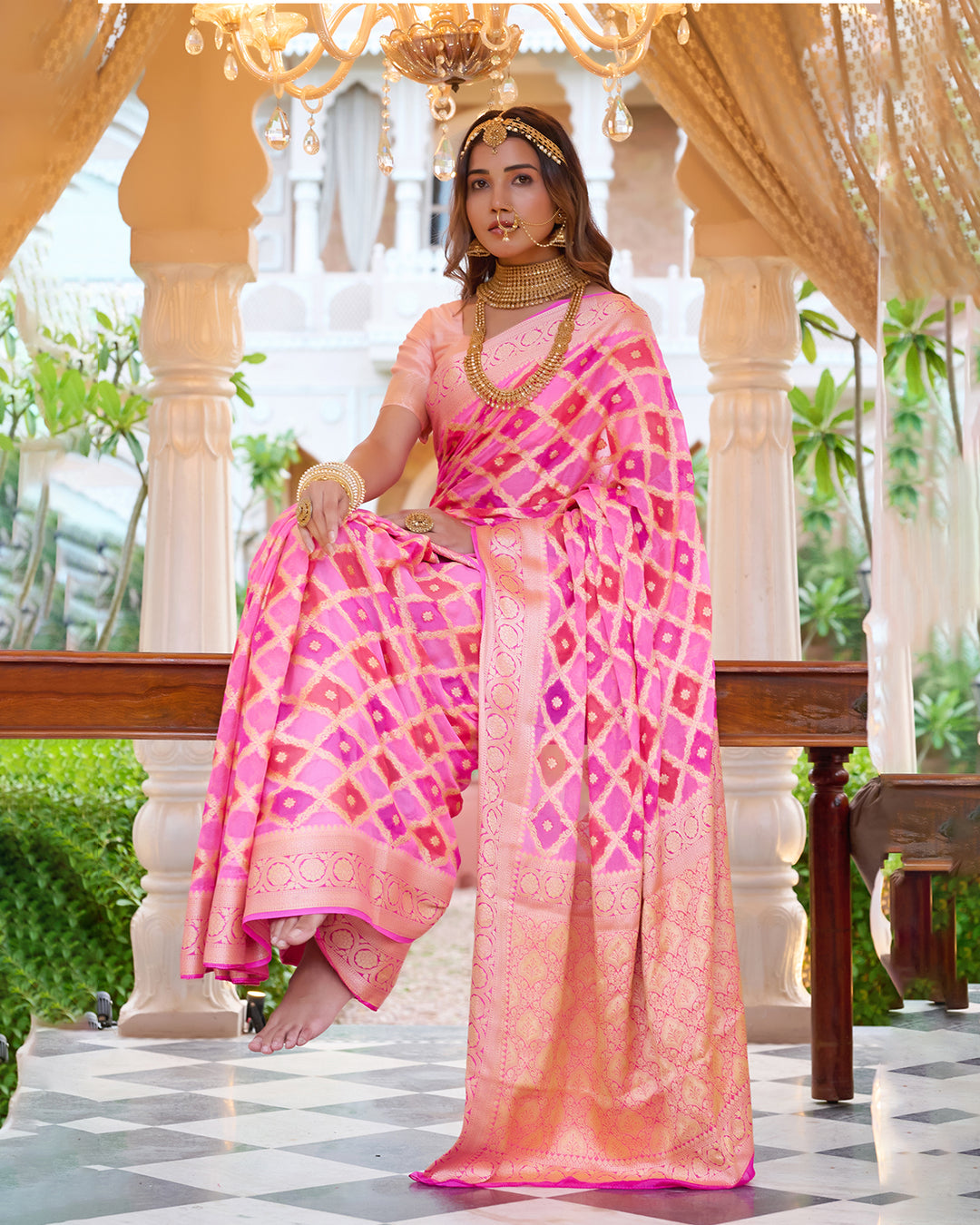 Rosy Radiance Rangkat Pure Chiffon Saree with Golden Lattice Weaves