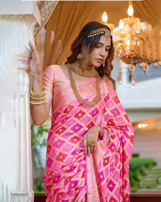 Rosy Radiance Rangkat Pure Chiffon Saree with Golden Lattice Weaves