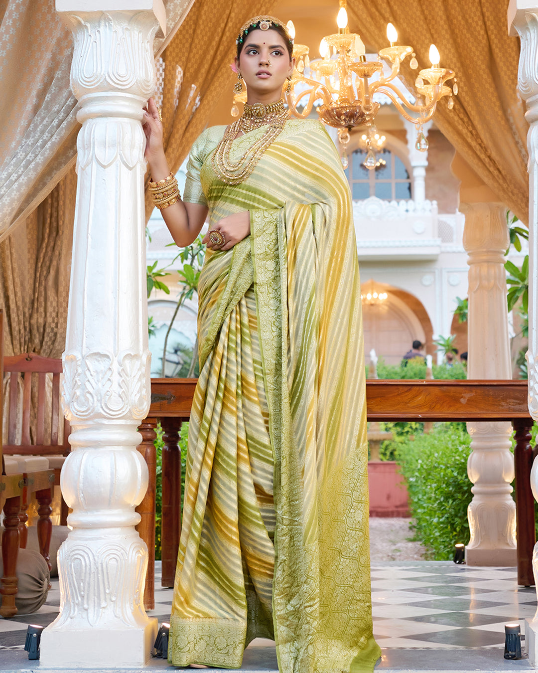 Pastel Olive Green Pure Chiffon Saree with Zari Striped Weaves