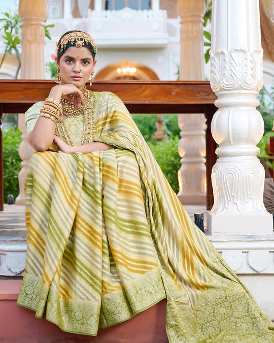 Pastel Olive Green Pure Chiffon Saree with Zari Striped Weaves