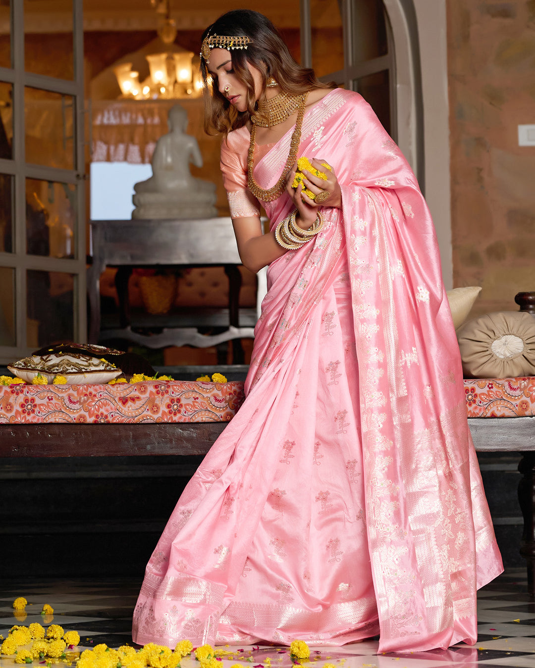 Rose Pink Pure Banarasi Saree with Royal Zari and Meena Highlights