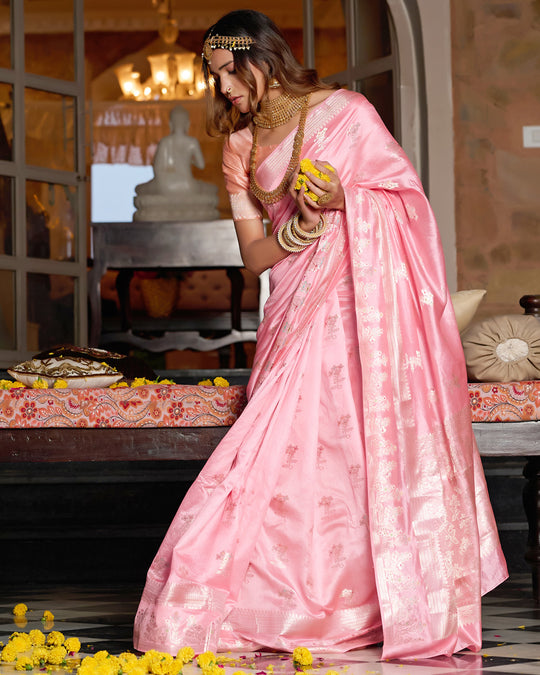 Rose Pink Pure Banarasi Saree with Royal Zari and Meena Highlights