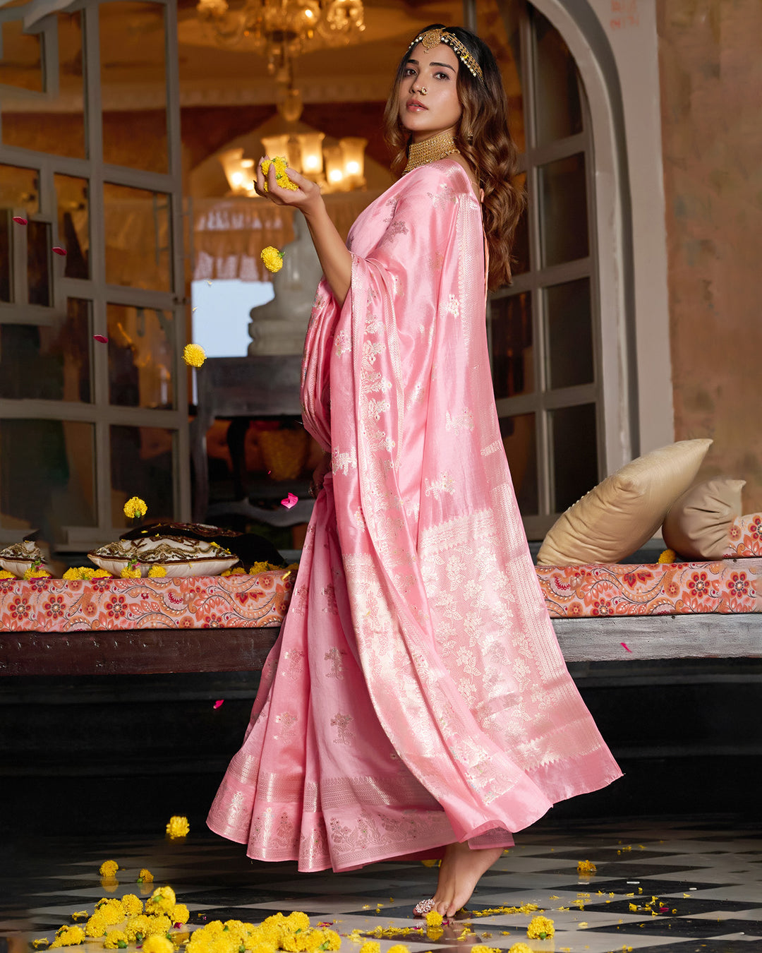 Rose Pink Pure Banarasi Saree with Royal Zari and Meena Highlights