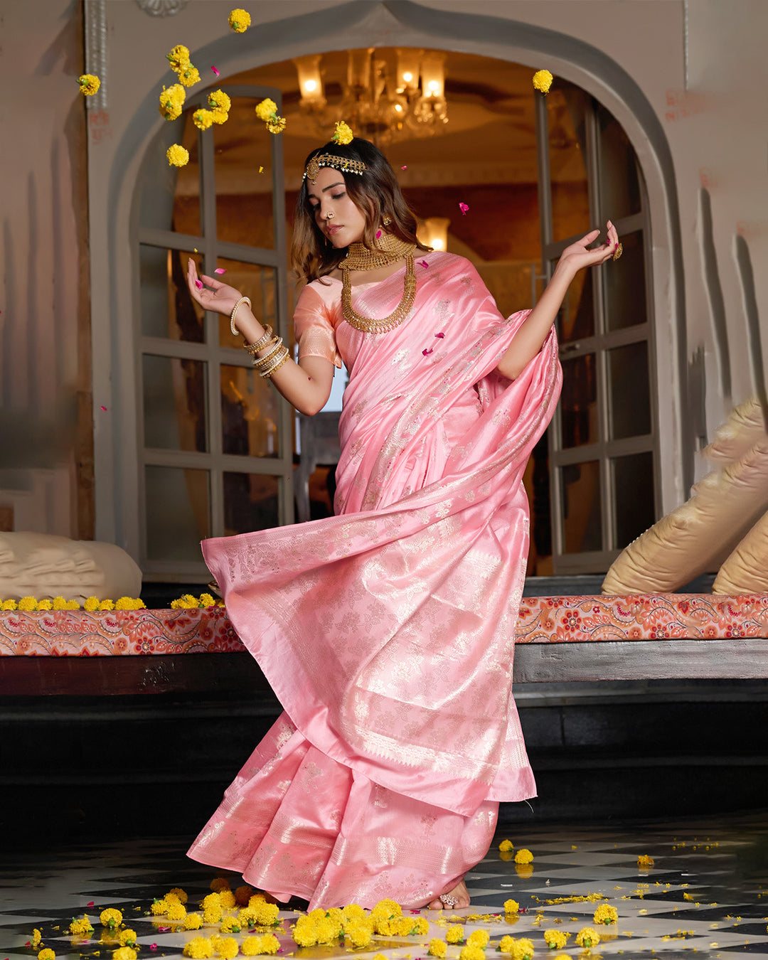 Rose Pink Pure Banarasi Saree with Royal Zari and Meena Highlights