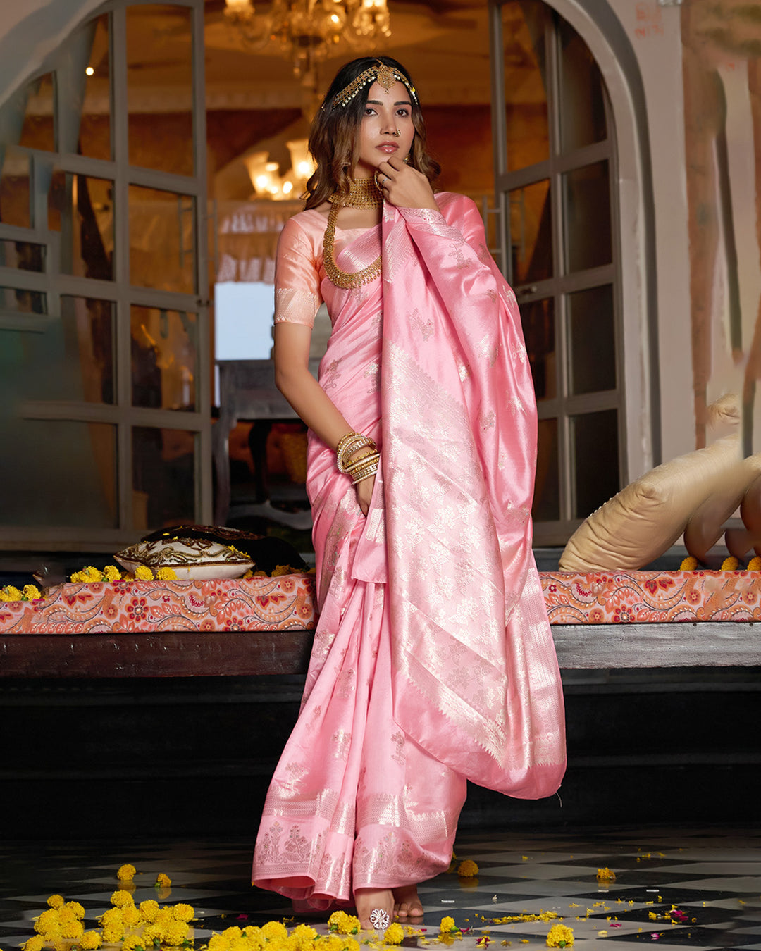 Rose Pink Pure Banarasi Saree with Royal Zari and Meena Highlights