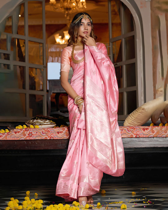 Rose Pink Pure Banarasi Saree with Royal Zari and Meena Highlights
