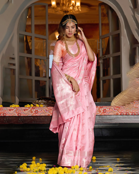 Rose Pink Pure Banarasi Saree with Royal Zari and Meena Highlights