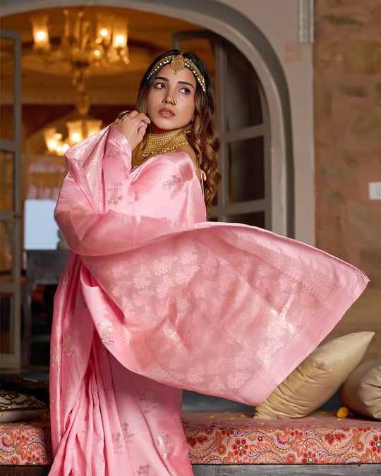 Rose Pink Pure Banarasi Saree with Royal Zari and Meena Highlights