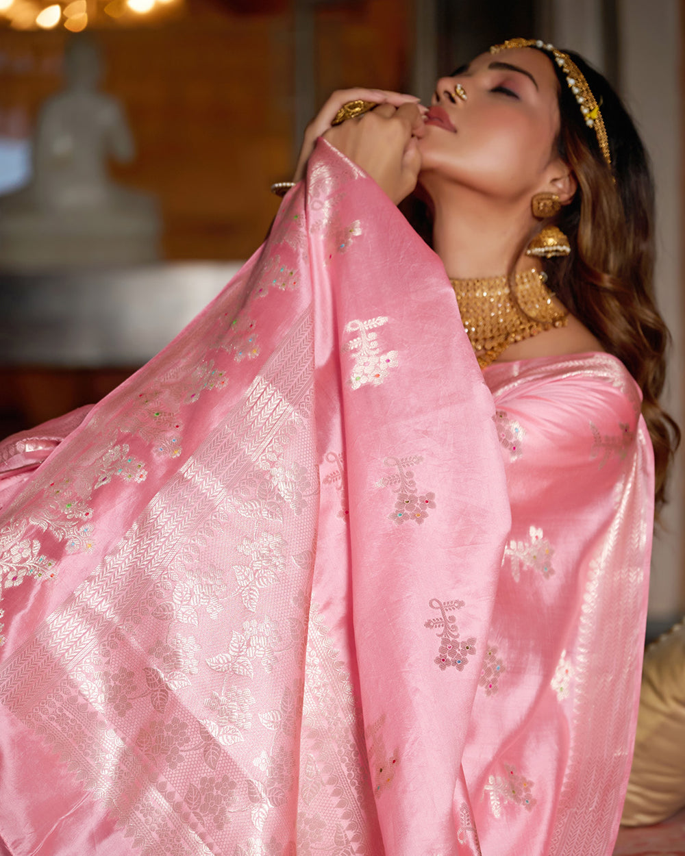 Rose Pink Pure Banarasi Saree with Royal Zari and Meena Highlights