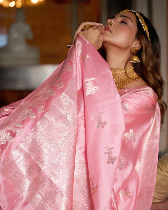 Rose Pink Pure Banarasi Saree with Royal Zari and Meena Highlights