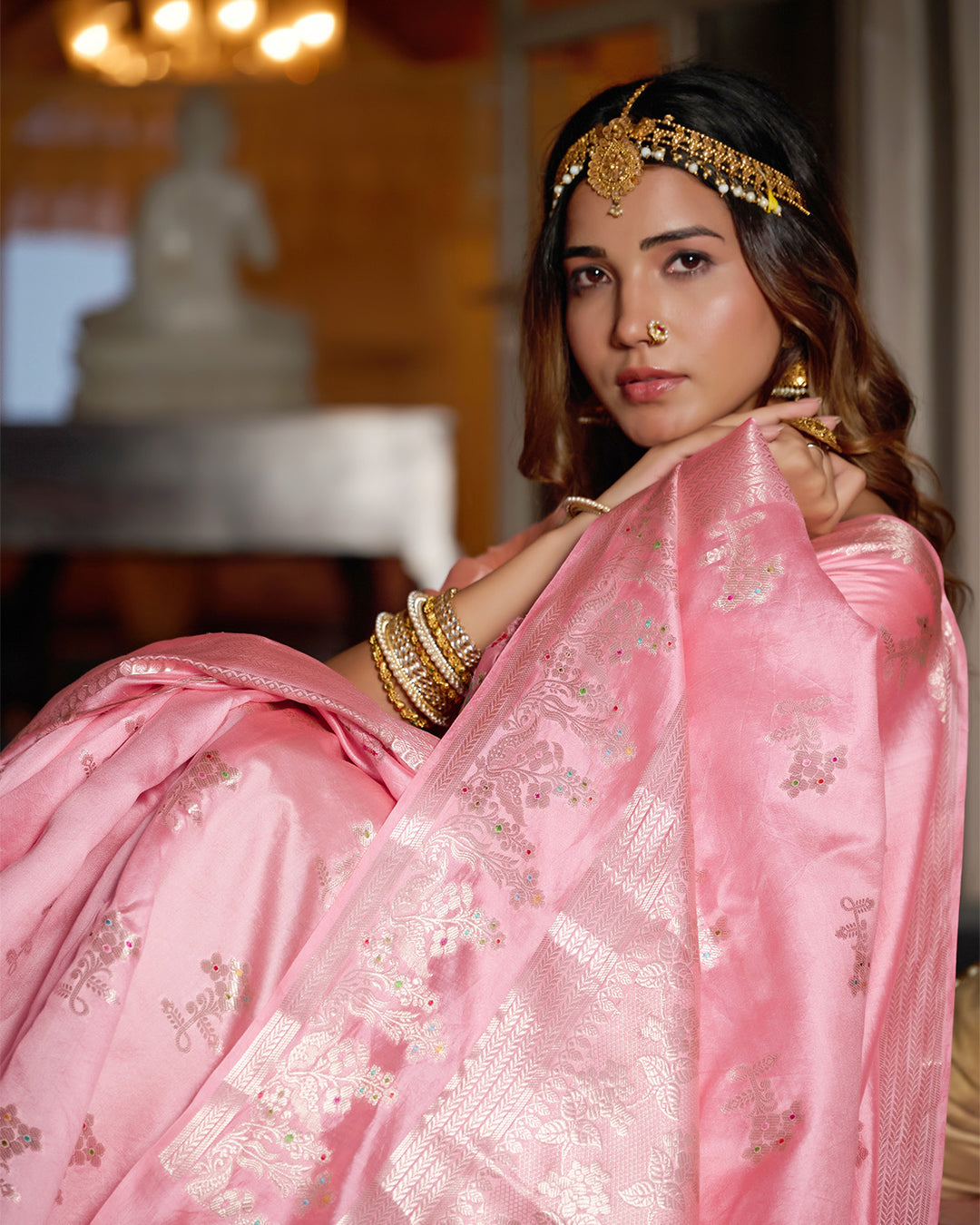Rose Pink Pure Banarasi Saree with Royal Zari and Meena Highlights