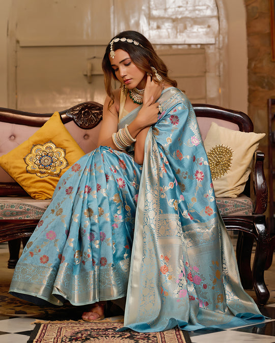 Turquoise Blue Pure Banarasi Saree with Meenakari Bloom Weaves