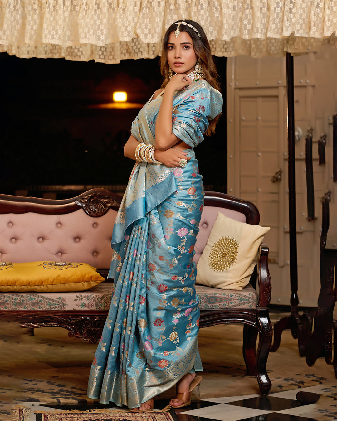 Turquoise Blue Pure Banarasi Saree with Meenakari Bloom Weaves