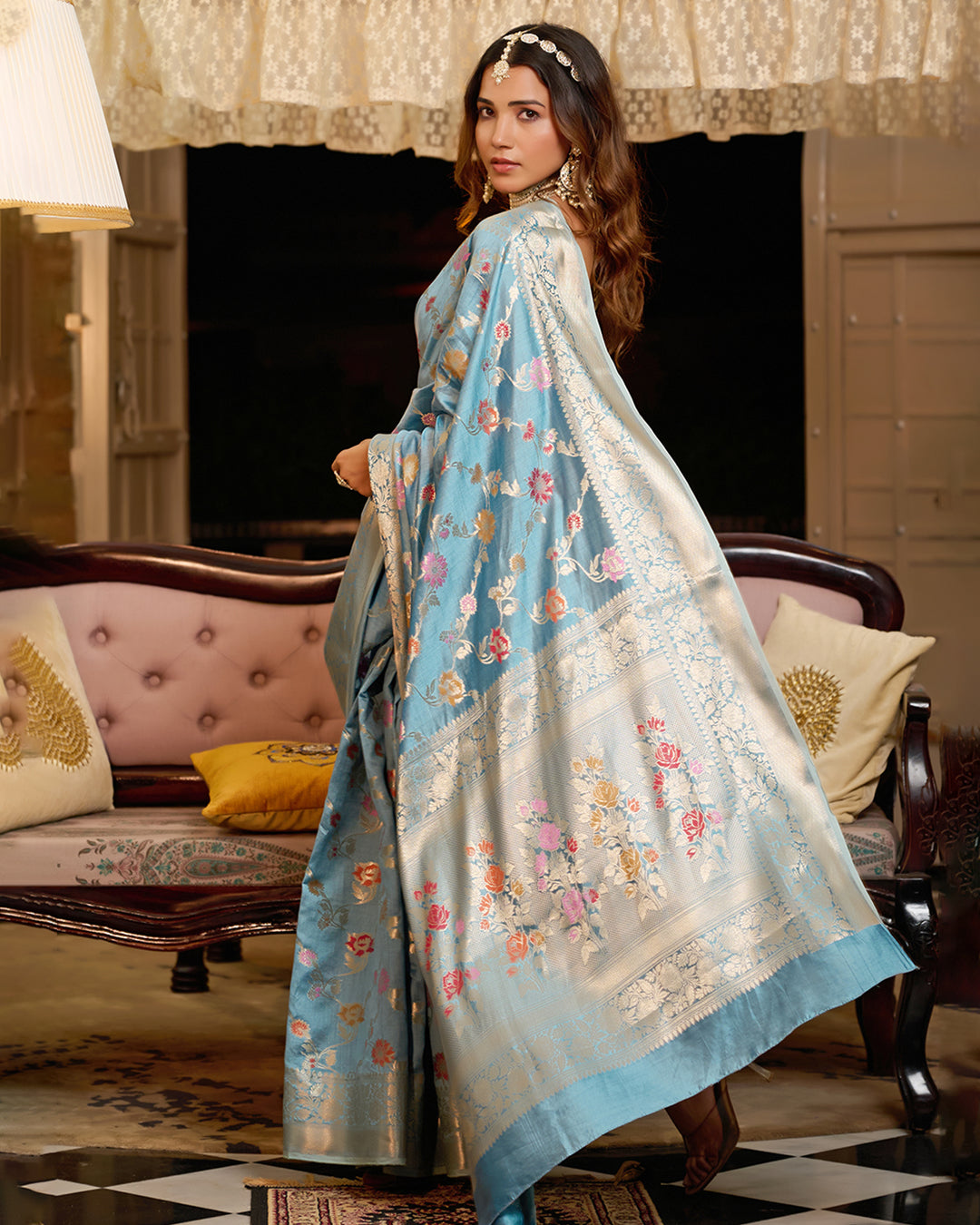 Turquoise Blue Pure Banarasi Saree with Meenakari Bloom Weaves