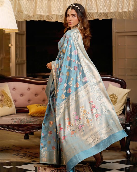 Turquoise Blue Pure Banarasi Saree with Meenakari Bloom Weaves