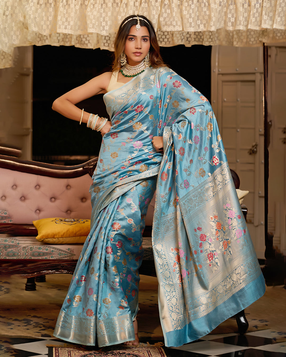 Turquoise Blue Pure Banarasi Saree with Meenakari Bloom Weaves