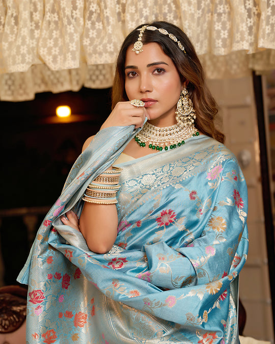 Turquoise Blue Pure Banarasi Saree with Meenakari Bloom Weaves