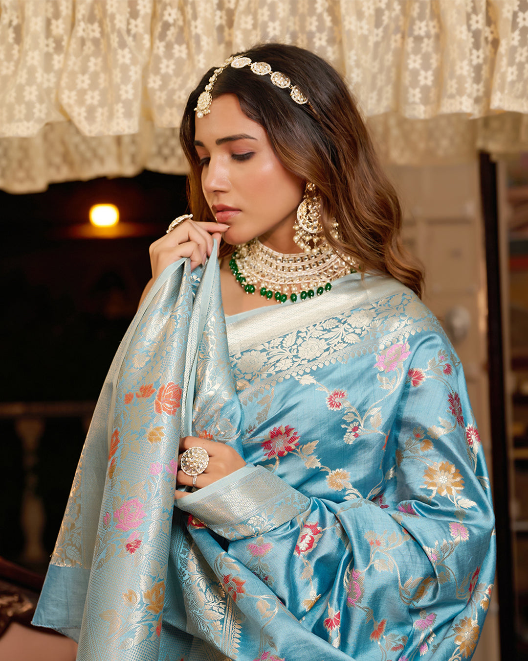 Turquoise Blue Pure Banarasi Saree with Meenakari Bloom Weaves