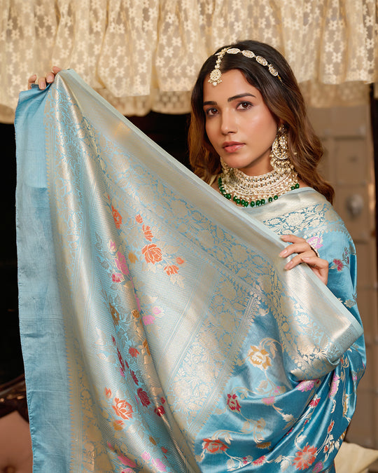Turquoise Blue Pure Banarasi Saree with Meenakari Bloom Weaves