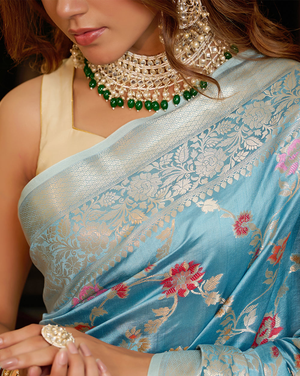 Turquoise Blue Pure Banarasi Saree with Meenakari Bloom Weaves